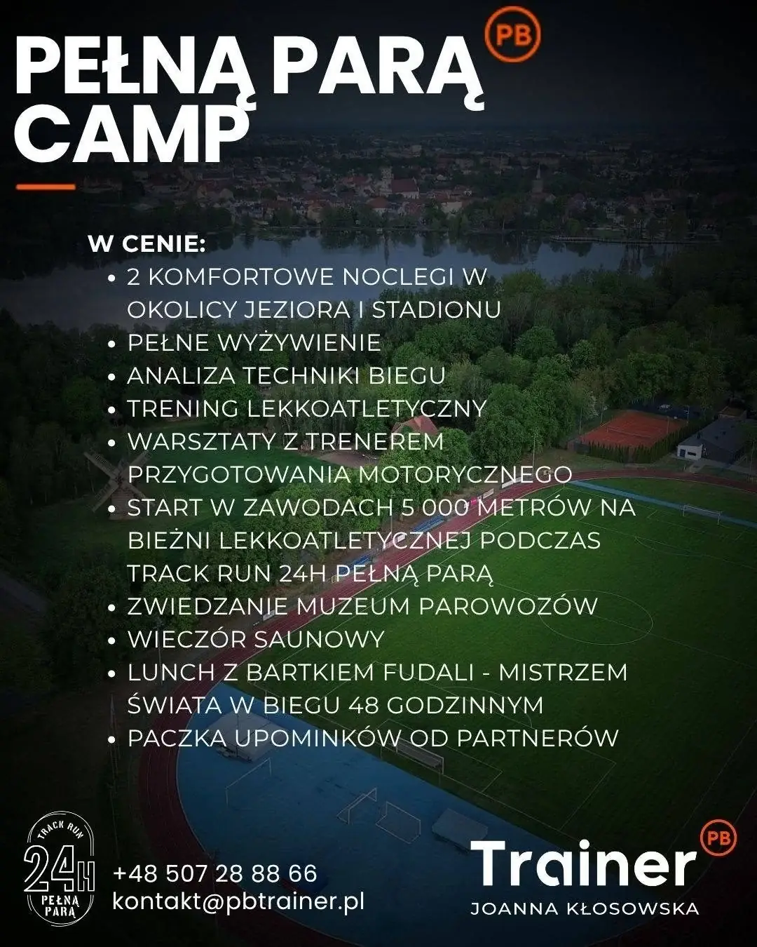 Pakiet Pełną Parą Camp: noclegi, wyżywienie, analiza biegu, treningi, start na 5000 metrów i regeneracja